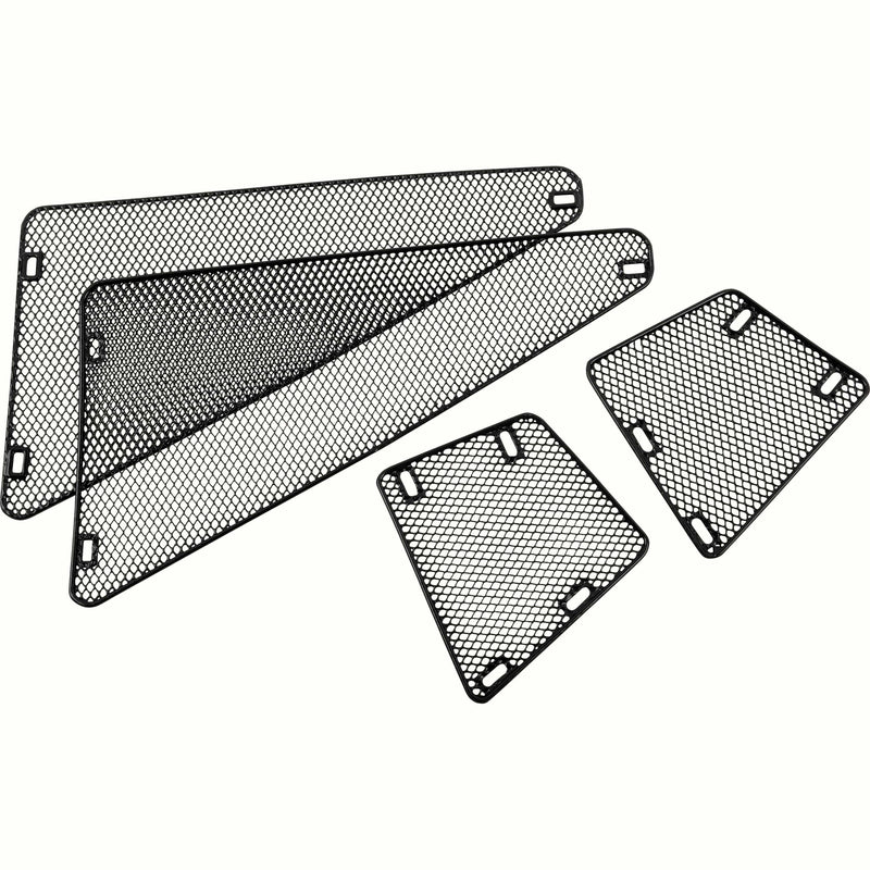 Four black metal mesh wheel guard plates with pre-drilled mounting holes, shown on a plain white background.