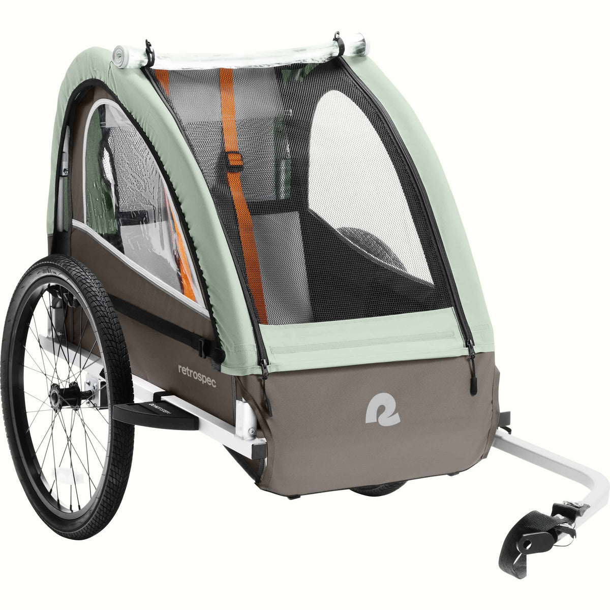A versatile Rover Plus Kids Bike Trailer - Single with a mesh front, safety harnesses, and a seating space, designed for outdoor adventures.