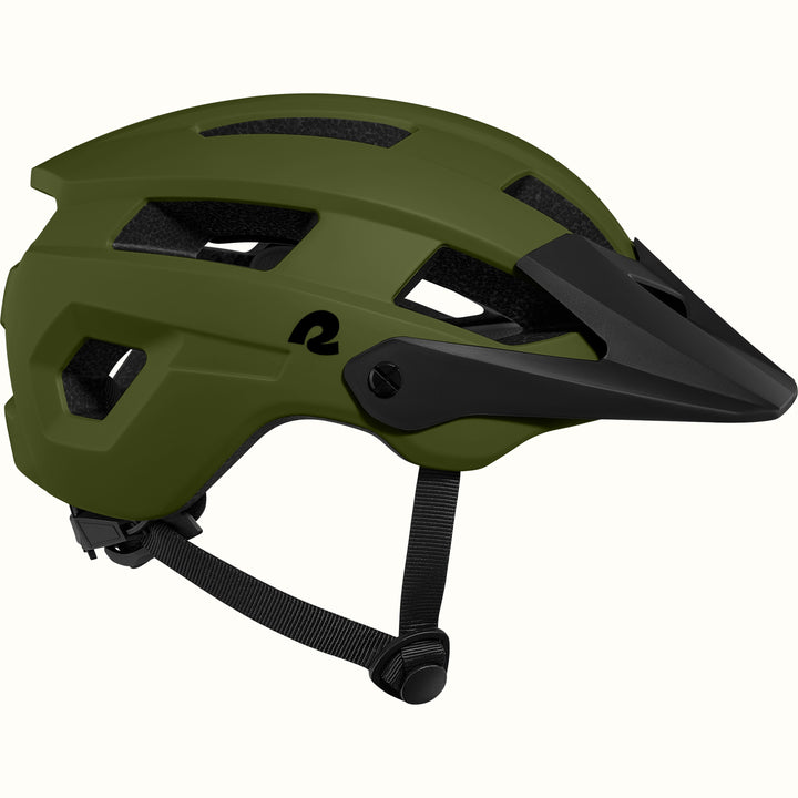 A sleek, modern mountain bike helmet in green with ventilation slots and a black visor, designed for safety and style.
