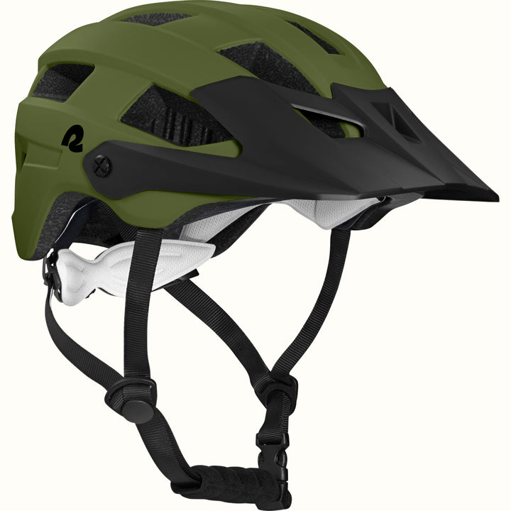 A sleek, modern Rowan Youth mountain bike helmet in green with ventilation slots, adjustable chin strap, and a black visor, designed for safety and style.
