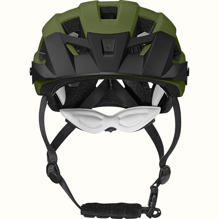 View from the front of the Rowan Youth Mountain Bike Helmet in Green featuring ventilation cutouts and an adjustable chin strap for a secure fit.