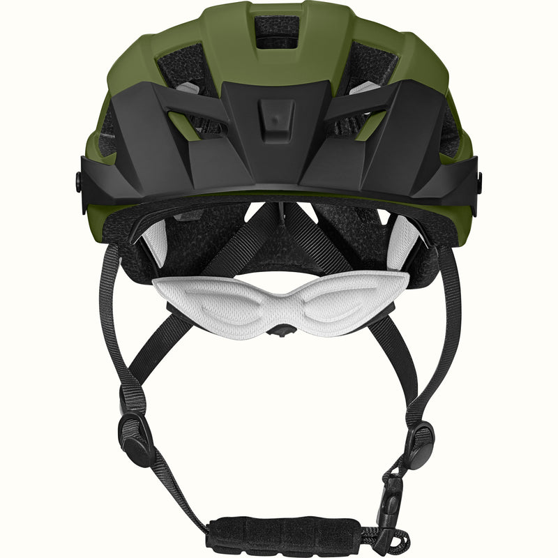 View from the front of the Rowan Youth Mountain Bike Helmet in Green featuring ventilation cutouts and an adjustable chin strap for a secure fit.