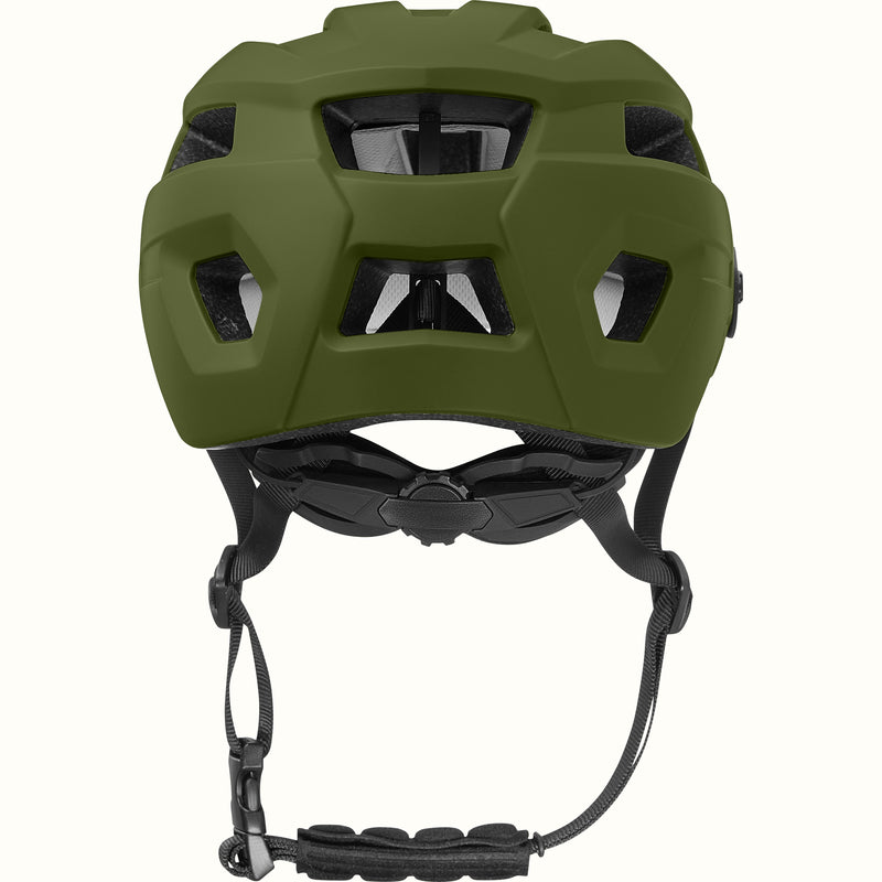 Back view of the Rowan Youth Mountain Bike Helmet with ventilation holes, ergoknob dial, and adjustable chin strap.