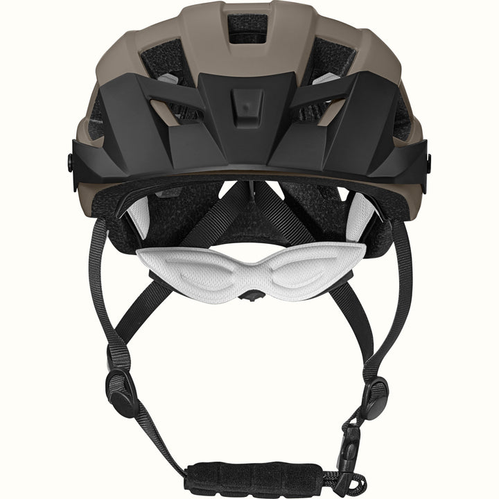 View from the front of the Rowan Youth Mountain Bike Helmet in Gray featuring ventilation cutouts and an adjustable chin strap for a secure fit.