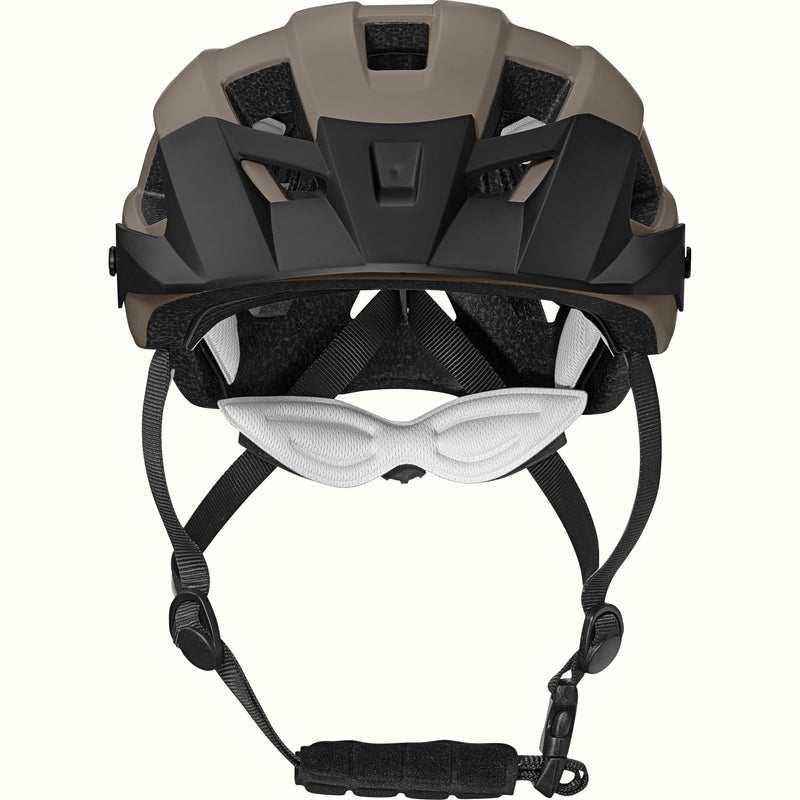 View from the front of the Rowan Youth Mountain Bike Helmet in Gray featuring ventilation cutouts and an adjustable chin strap for a secure fit.