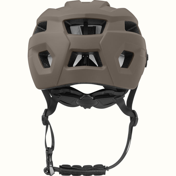 Back view of the Rowan Youth Mountain Bike Helmet with ventilation holes, ergoknob dial, and adjustable chin strap.