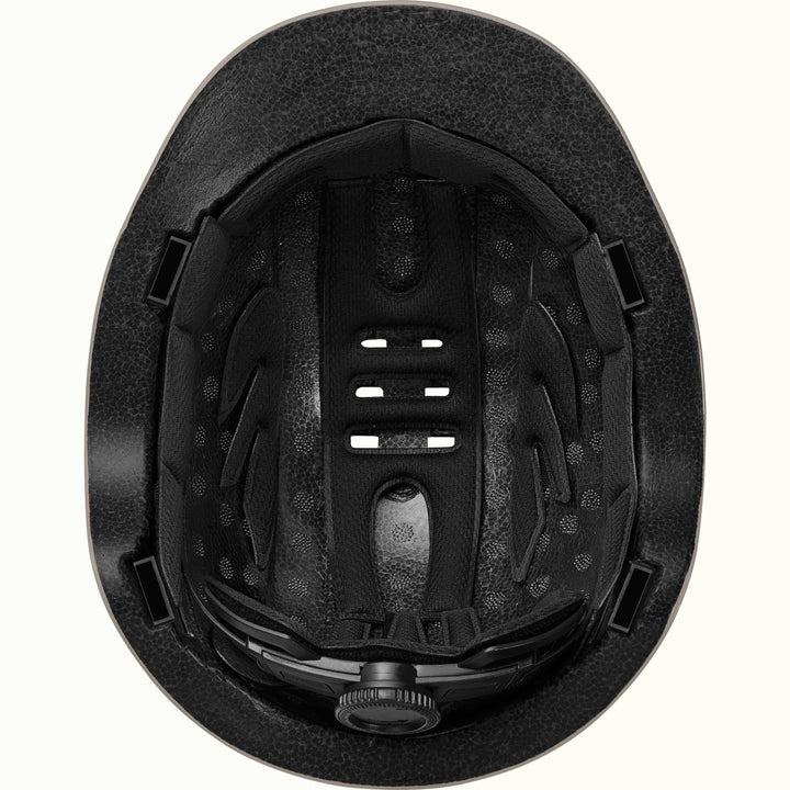 Interior view of the Rowan Youth Mountain Bike Helmet, showing padding, ventilation holes, and an ergoknob dial to adjust fit.