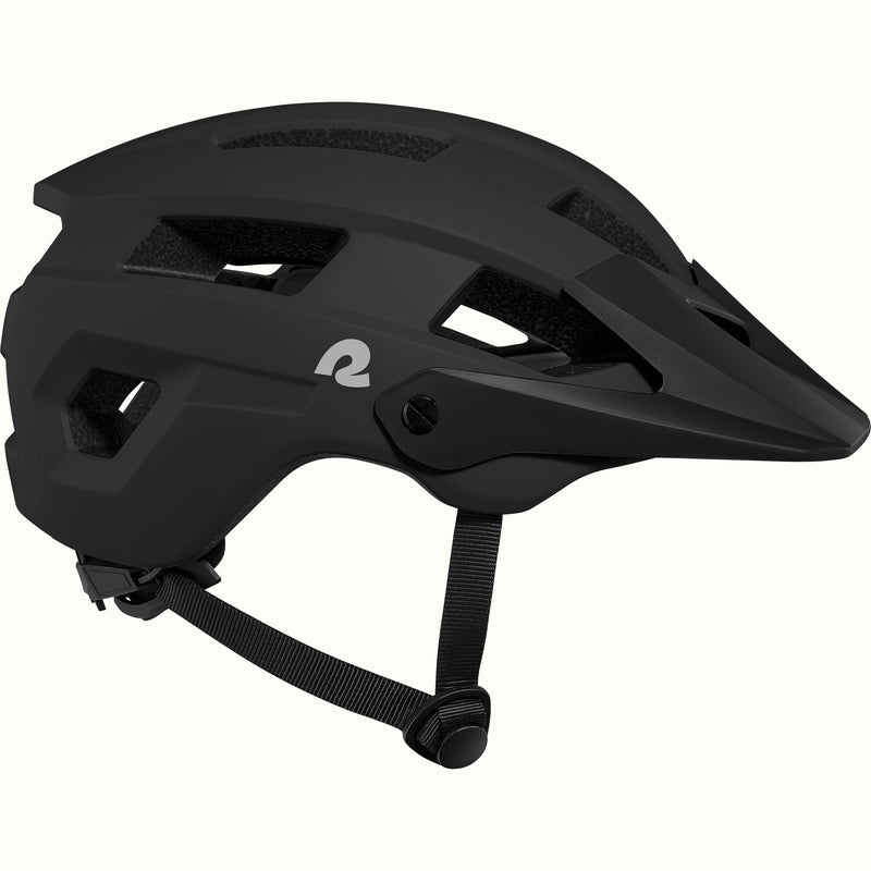A sleek, modern Rowan Youth mountain bike helmet in black with ventilation slots and a black visor, designed for safety and style.