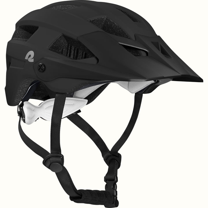 A sleek, modern Rowan Youth mountain bike helmet in black with ventilation slots, adjustable chin strap, and a black visor, designed for safety and style.