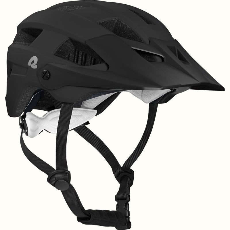 A sleek, modern Rowan Youth mountain bike helmet in black with ventilation slots, adjustable chin strap, and a black visor, designed for safety and style.