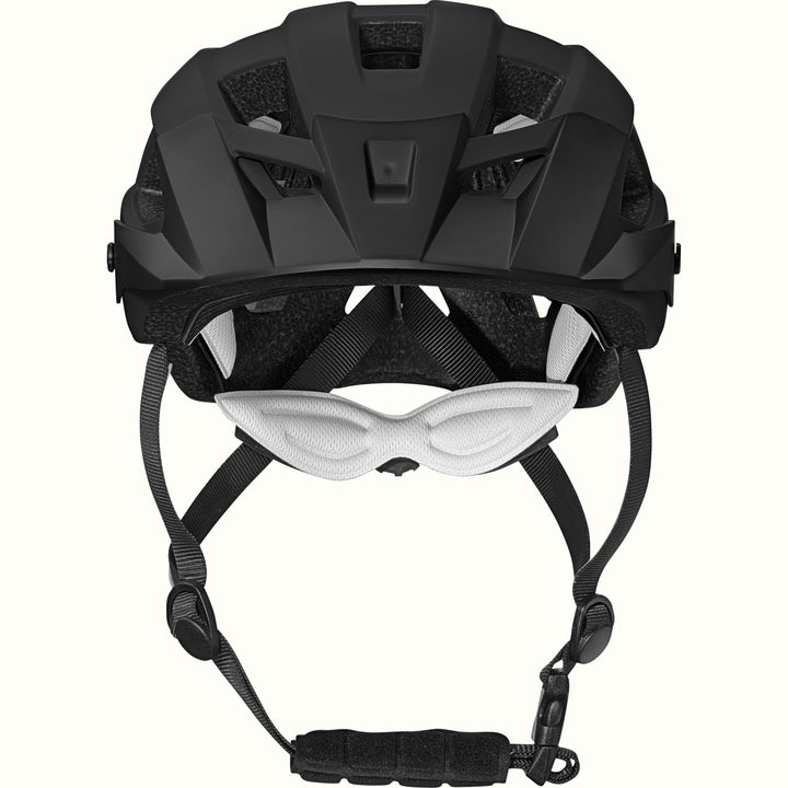 View from the front of the Rowan Youth Mountain Bike Helmet in Black featuring ventilation cutouts and an adjustable chin strap for a secure fit.
