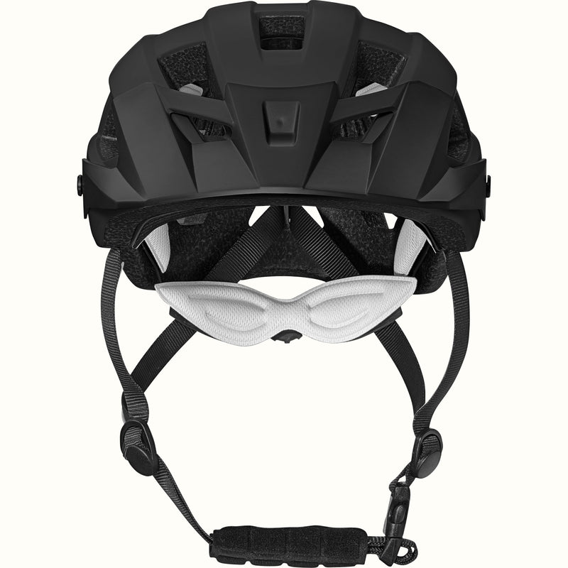 View from the front of the Rowan Youth Mountain Bike Helmet in Black featuring ventilation cutouts and an adjustable chin strap for a secure fit.