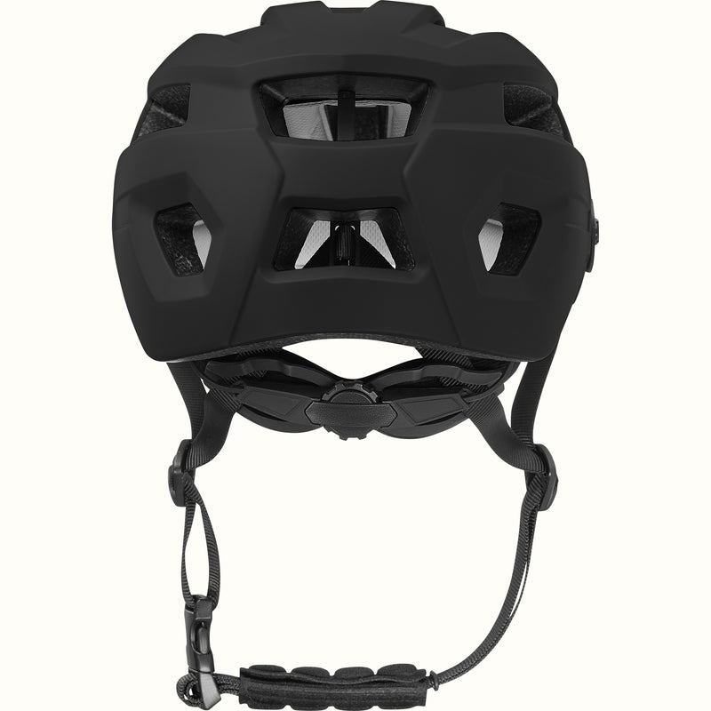 Back view of the Rowan Youth Mountain Bike Helmet with ventilation holes, ergoknob dial, and adjustable chin strap.