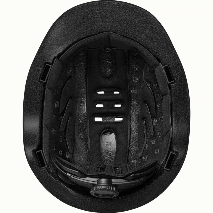 Interior view of the Rowan Youth Mountain Bike Helmet, showing padding, ventilation holes, and an ergoknob dial to adjust fit.