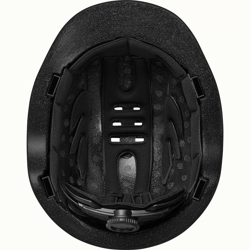 Interior view of the Rowan Youth Mountain Bike Helmet, showing padding, ventilation holes, and an ergoknob dial to adjust fit.