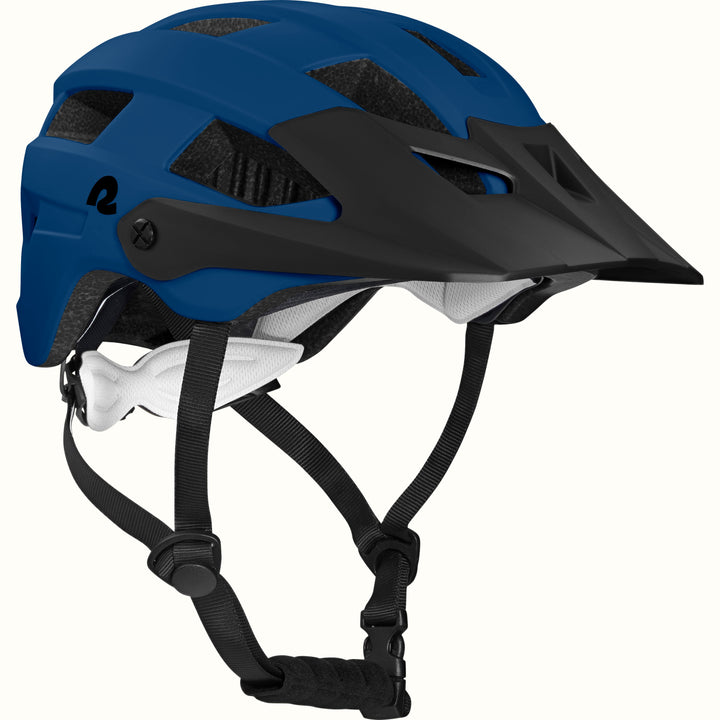 A sleek, modern Rowan Youth mountain bike helmet in blue with ventilation slots, adjustable chin strap, and a black visor, designed for safety and style.