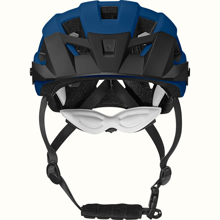 View from the front of the Rowan Youth Mountain Bike Helmet in Blue featuring ventilation cutouts and an adjustable chin strap for a secure fit.