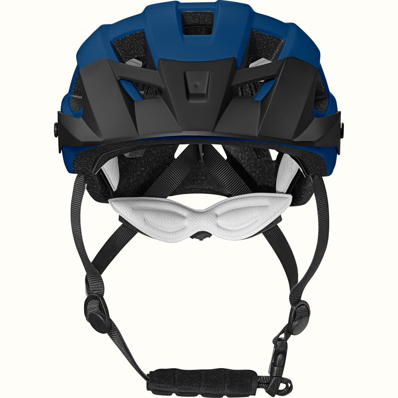 View from the front of the Rowan Youth Mountain Bike Helmet in Blue featuring ventilation cutouts and an adjustable chin strap for a secure fit.
