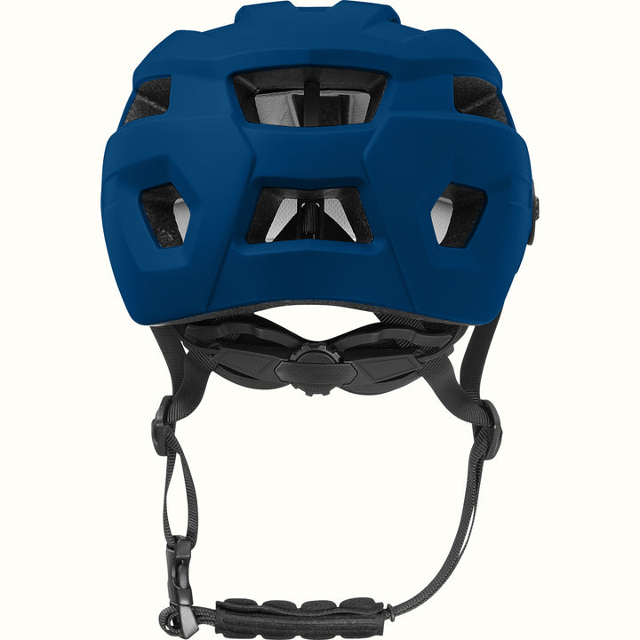 Back view of the Rowan Youth Mountain Bike Helmet with ventilation holes, ergoknob dial, and adjustable chin strap.
