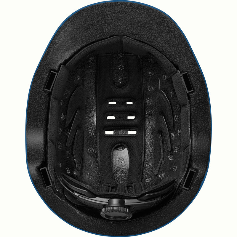 Interior view of the Rowan Youth Mountain Bike Helmet, showing padding, ventilation holes, and an ergoknob dial to adjust fit.