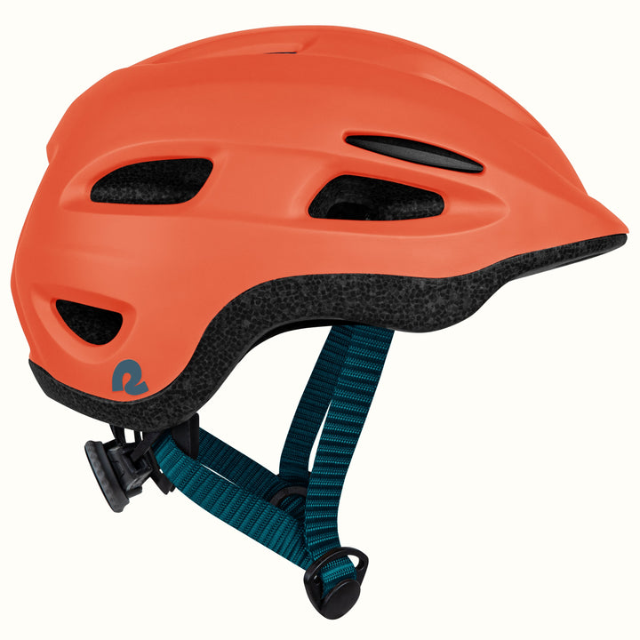 retrospec scout 2 kids bike helmet in matte tiger orange with teal adjustable strap and side vents.