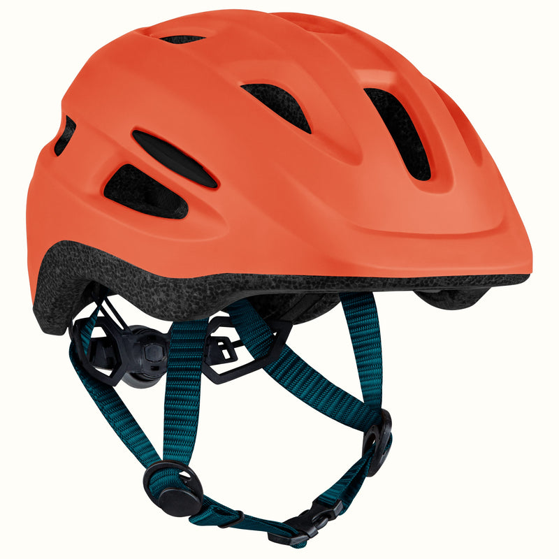 retrospec scout 2 youth bike helmet in matte tiger orange featuring a rear dial-fit adjuster and teal straps.