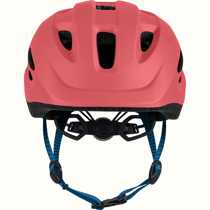 Coral helmet with blue strap on a white background.