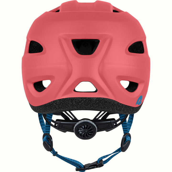 Coral helmet with blue strap on a white background.