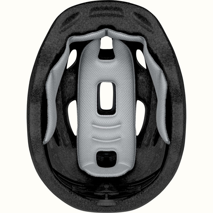 Close-up of a black and gray helmet interior on a white background.