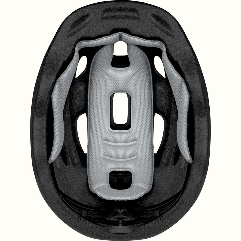 Close-up of a black and gray helmet interior on a white background.