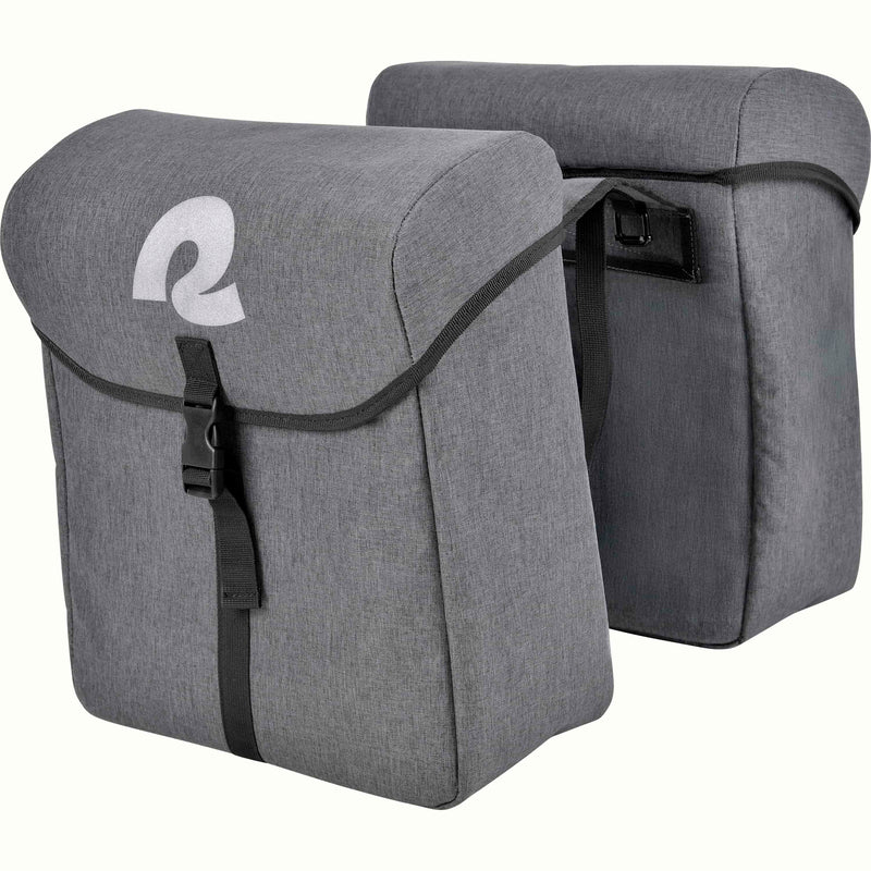 Two gray bicycle pannier saddle bags with black straps and buckles, shown on a plain white background. Featuring a white stylized reflective retrospec logo on the front flap.