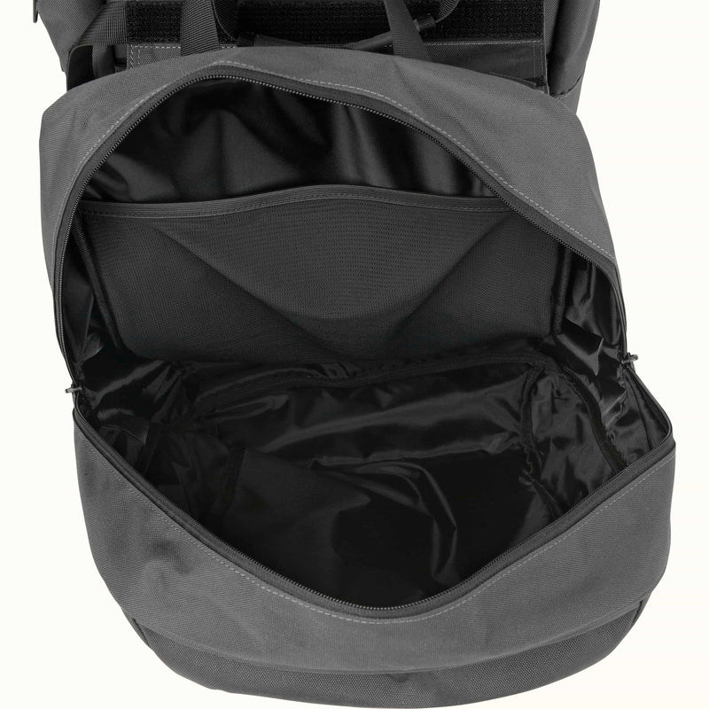 Stone grey pannier open revealing empty interior compartments.