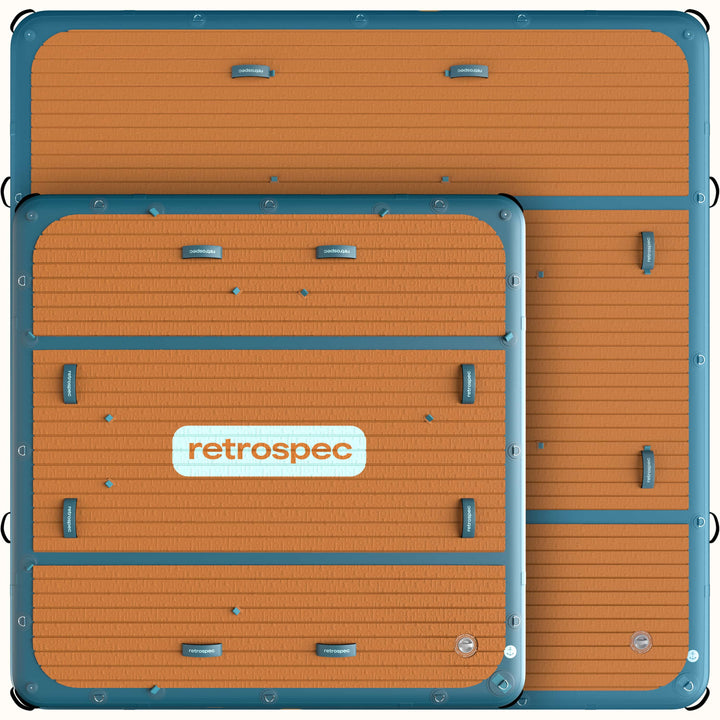 The Siesta Dock 7' overlapping the Siesta Dock XL 10' Inflatable Platform, both displaying a wood grain deck design and grab handles.