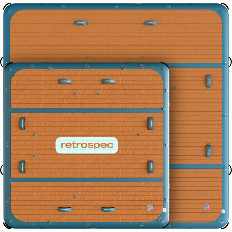 The Siesta Dock 7' overlapping the Siesta Dock XL 10' Inflatable Platform, both displaying a wood grain deck design and grab handles.