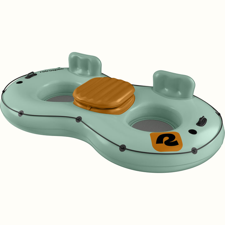 A light green inflatable tube with two seating areas and a center cooler, designed for recreational water use.