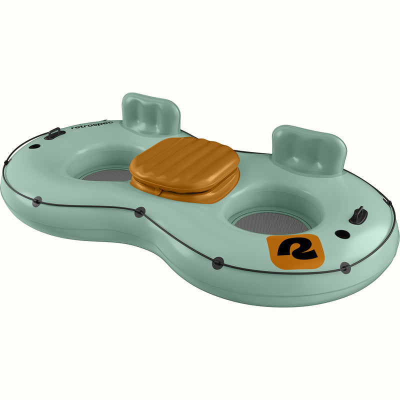 A light green inflatable tube with two seating areas and a center cooler, designed for recreational water use.