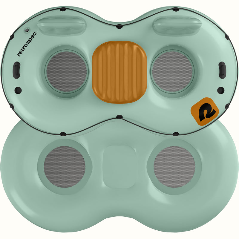 A top and bottom view of a light green inflatable tube with two seating areas and a center cooler, designed for recreational water use.