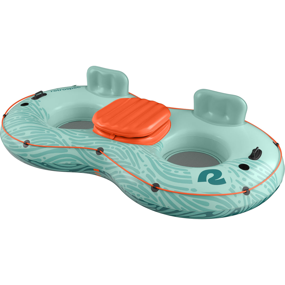 A teal inflatable tube with two seating areas and a center cooler, designed for recreational water use.