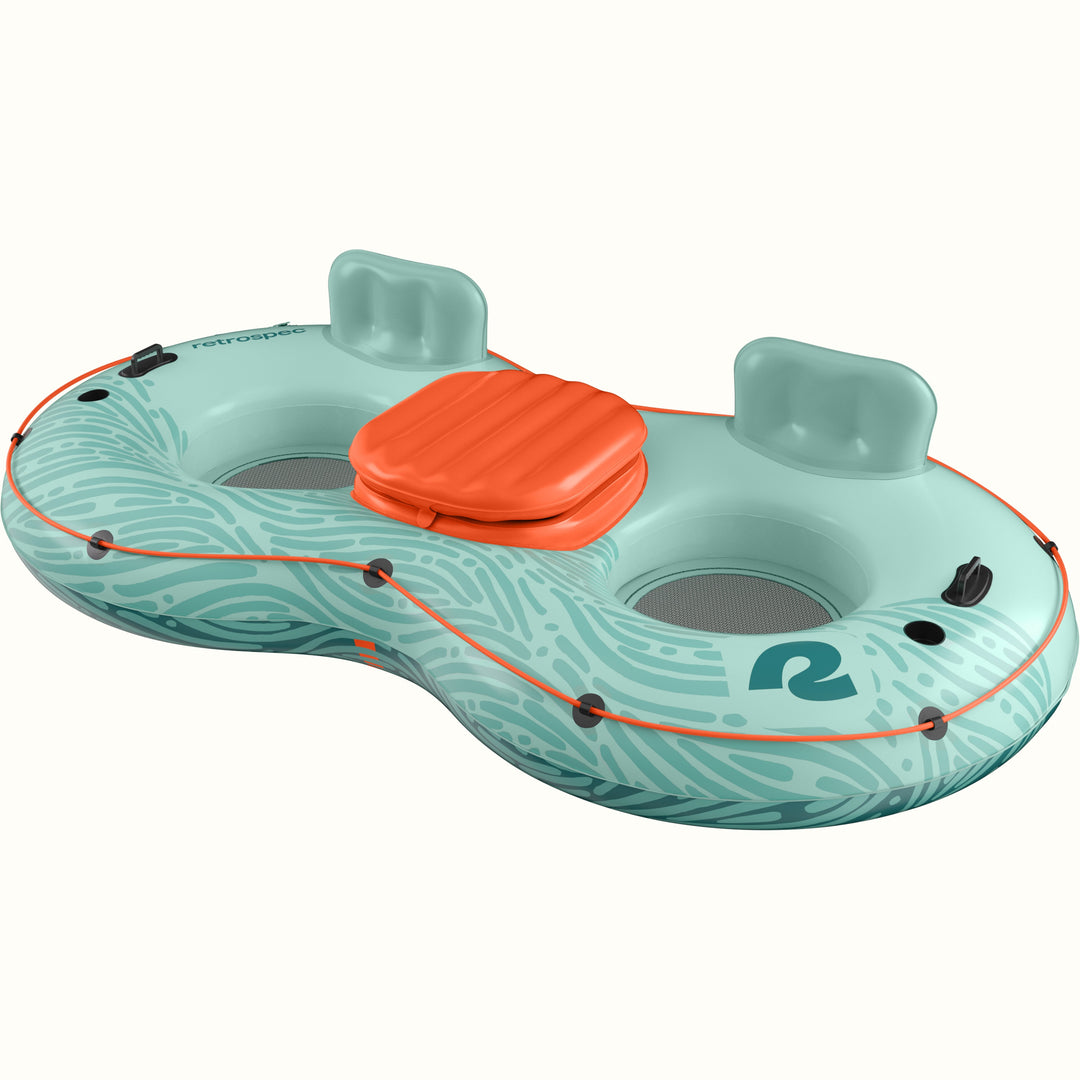A teal inflatable tube with two seating areas and a center cooler, designed for recreational water use.