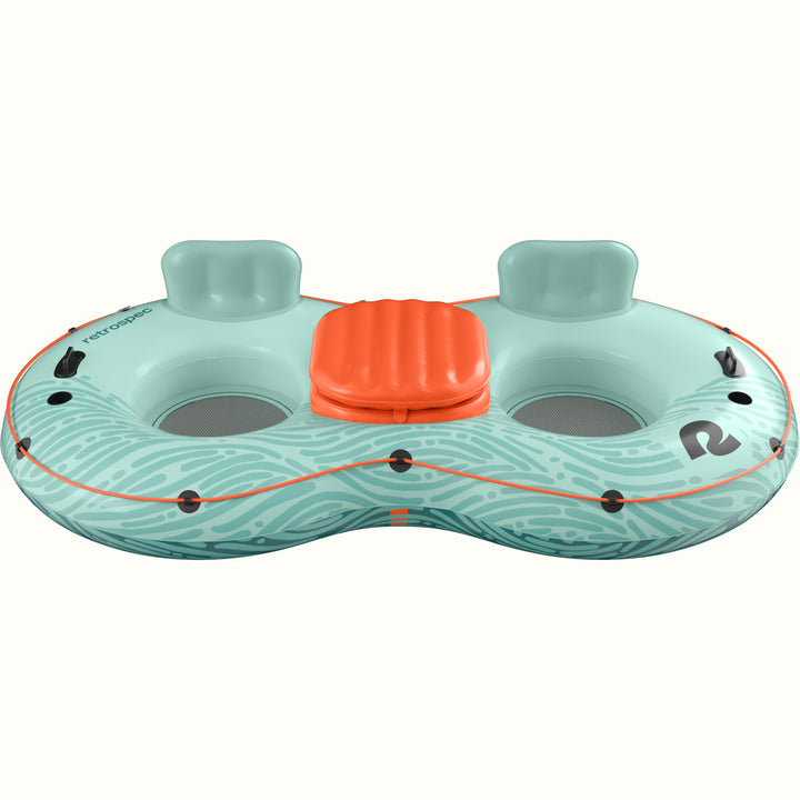 A teal inflatable tube with two seating areas and a center cooler, designed for recreational water use.