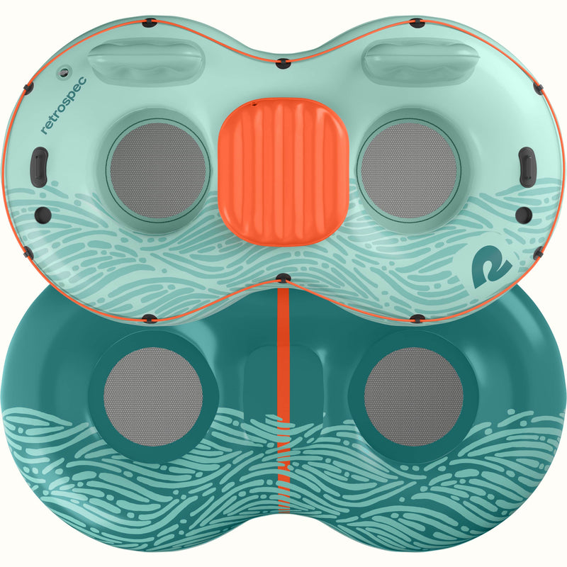 A top and bottom view of a  teal inflatable tube with two seating areas and a center cooler, designed for recreational water use.