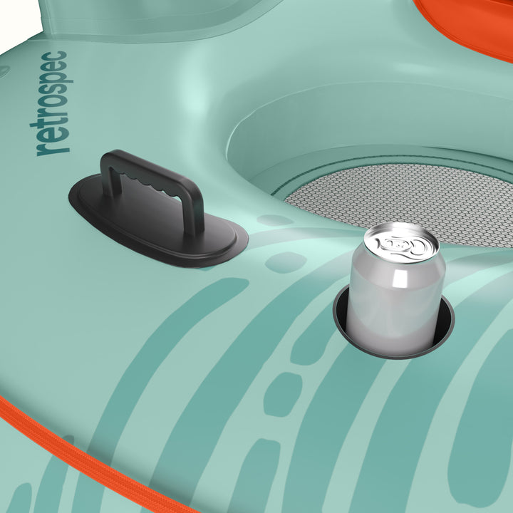 Close-up of a teal inflatable tube with a heavy duty handle and cup holder, featuring the retrospec brand.