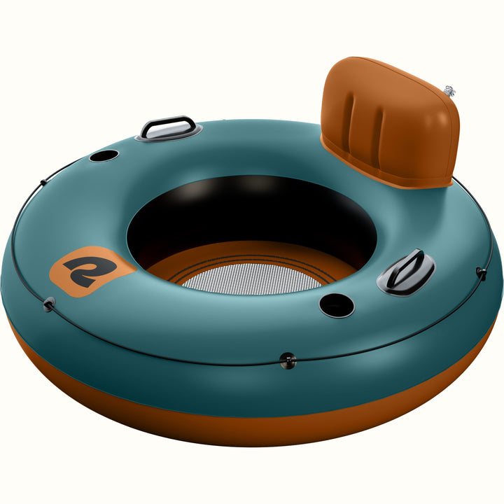 Siesta inflatable blue and brown river tube with cup holder and mesh center.