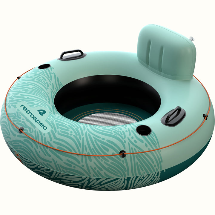 Siesta inflatable seafoam tide float tube with backrest and mesh bottom.