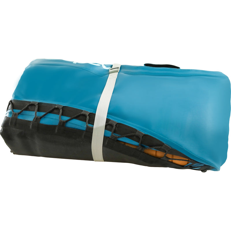 A blue deflated and rolled up Siesta Hammock XL 10' Inflatable Platform - Square secured with a grey strap.