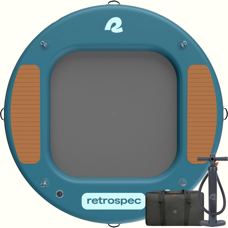 Top view of the Siesta Inflatable Hammock 8' Circle showing the mesh center and wood panel pattern deck pad, with carry bag and floor pump.