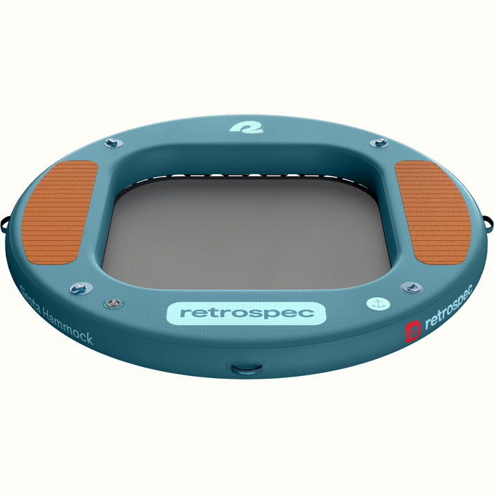 View of the blue Siesta Inflatable Hammock 8' Circle showing the mesh center and wood panel pattern deck pad.