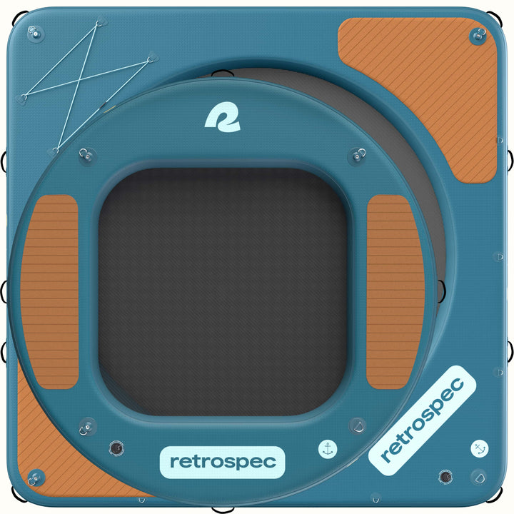 Top view of the Siesta Inflatable Hammock 8' Circle showing the mesh center and wood panel pattern deck pad, while it is overlapping the Siesta Inflatable Hammock 10' Square reveling its bungee storage area and a sliver of its mesh center.