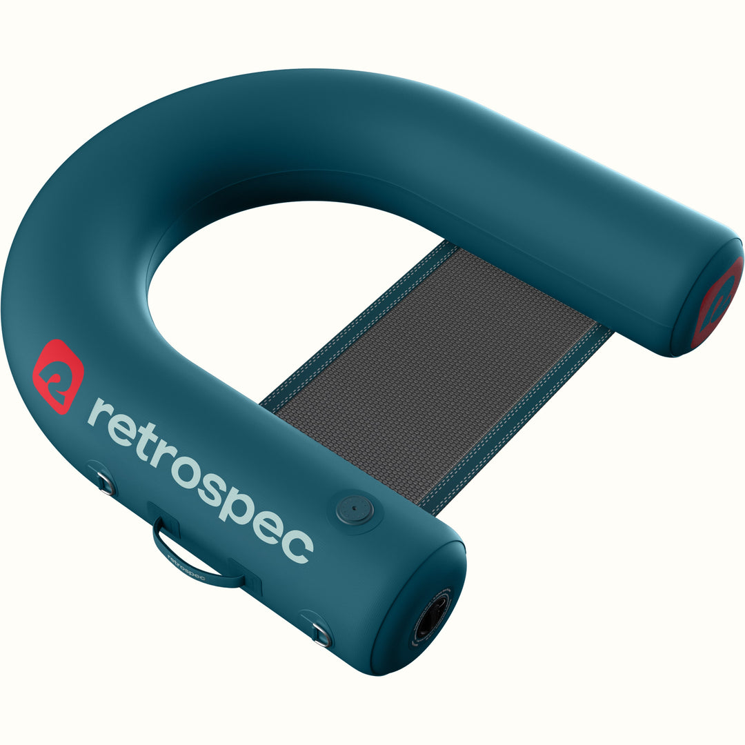 A blue Inflatable Lounge Hammock with a mesh seat and 'retrospec' branding on a white background.