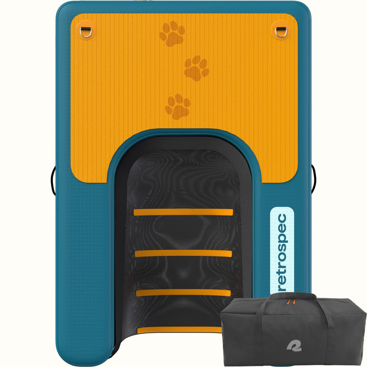 Top view of the Siesta Pup Inflatable Pet Ramp in teal and orange with non-slip surface and paw print design, featuring a "retrospec" logo, with a carry bag shown alongside.